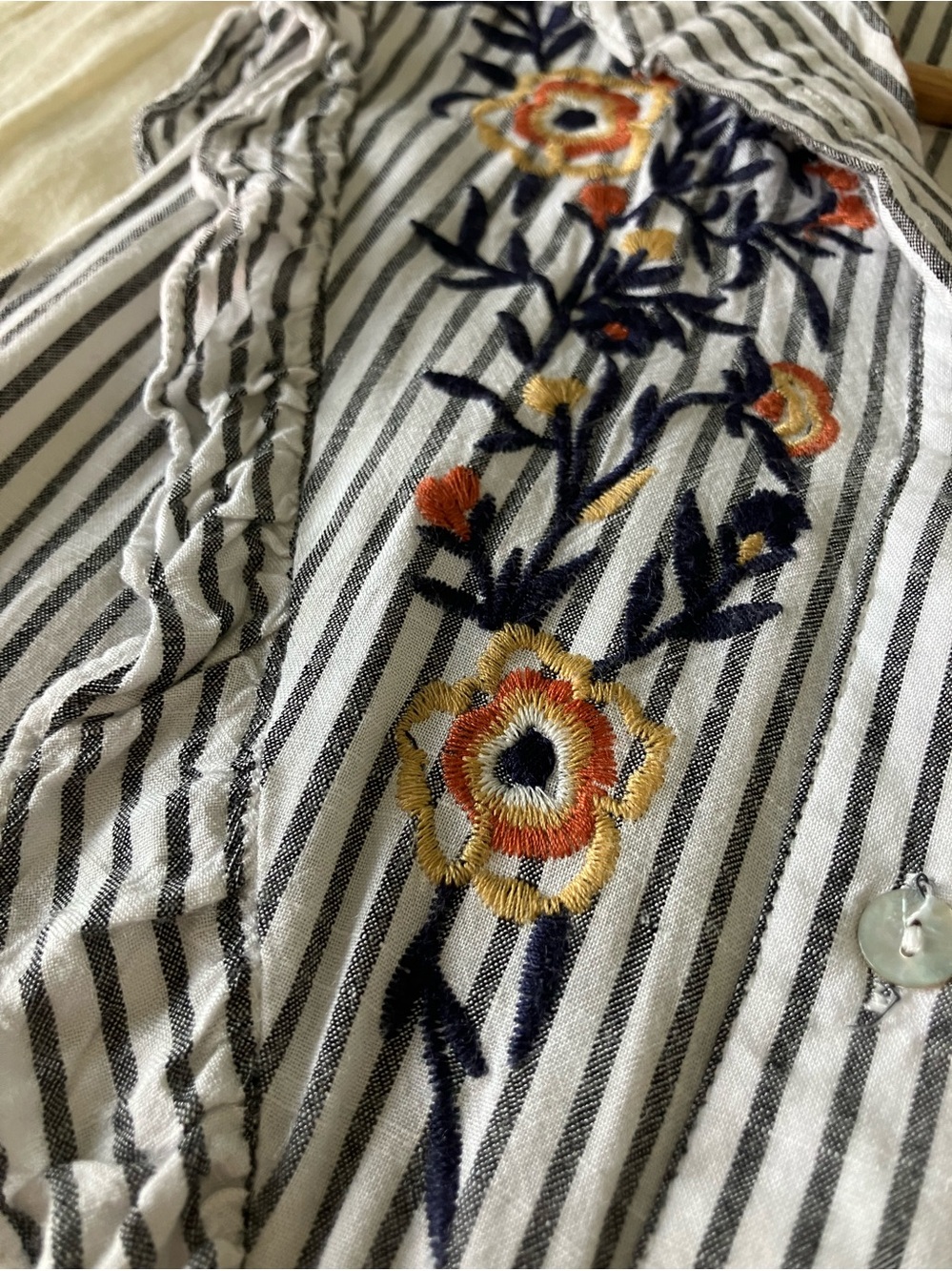 ENTRO Blue and White Striped Floral Embroidered Shirt Tank Dress Size S - Picture 12 of 14